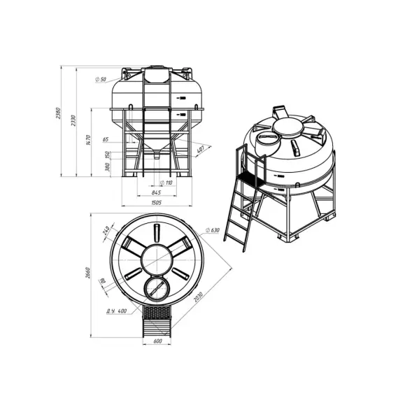 Емкость ЦКТ 3000 л с патрубком 90мм белая в обрешетке с лестницей