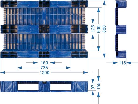 Паллет (поддон) пластиковый сплошной на 3-х полозьях, 1200x800х150 мм, зеленый  [1200800150-02]