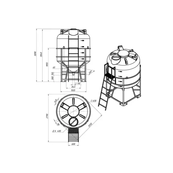 Емкость ЦКТ 5000 л с патрубком 160мм под плотность до 1,5 г/см3 белая в обрешетке с лестницей